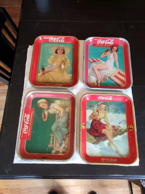 4 Vintage Coca-Cola Metal Serving Trays 1938-1941