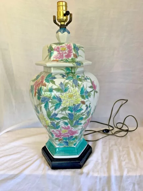 Mid -Century Floral Hand -Painted Porcelain Ginger Jar -Table Lamp