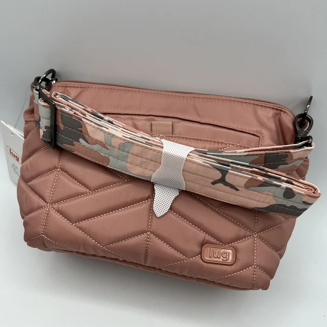 LUG Blush Pink Camo Strap Flare Quilted Crossbody Bag Purse RFID Rose Gold