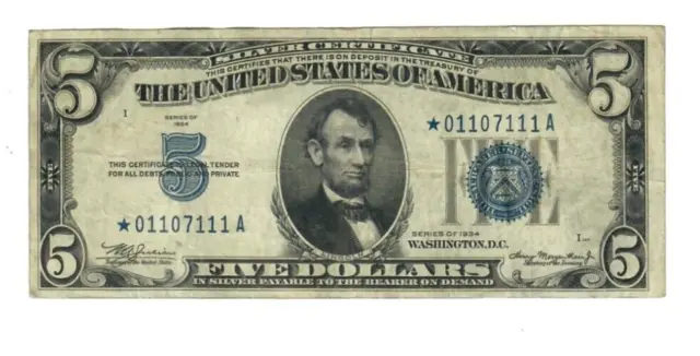 1934 $5 Silver Certificate Star Note Fr#1650* Very Fine