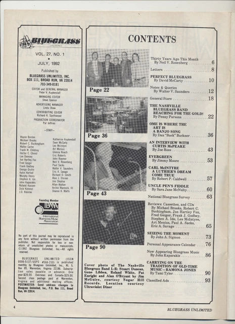 BLUEGRASS UNLIMITED MAGAZINE Vol. 27 # 01 July 1992 Nashville Bluegrass ...