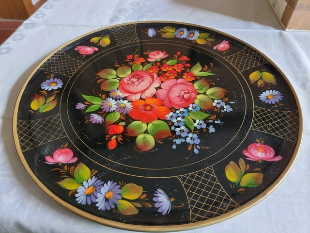 Serviertablett Zhostovo Metall Russland UDSSR Handbemalt Vintage