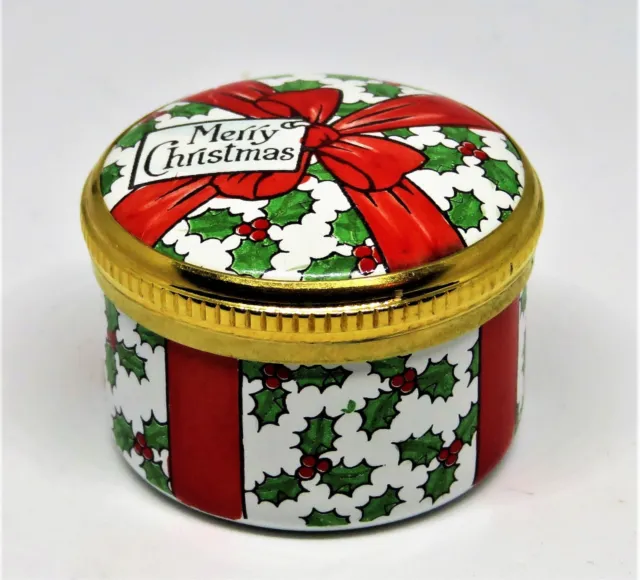 Crummles English Enamel Box- Vintage "Merry Christmas" Present & Red Bow - Holly