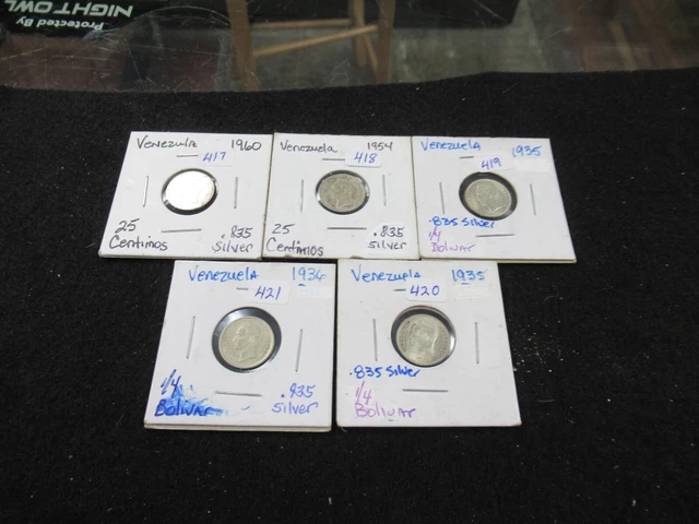 1935=35-36-54-60 Venezula 25 Cent .835 Silver Coins Very Hi Grade= #41