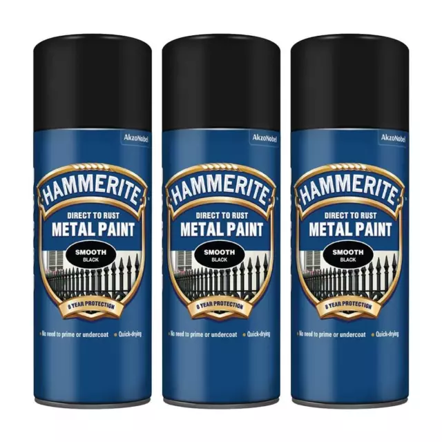 3x Hammerite Direct To Rust Smooth Black Aerosol Quick Drying Spray Paint 400ml