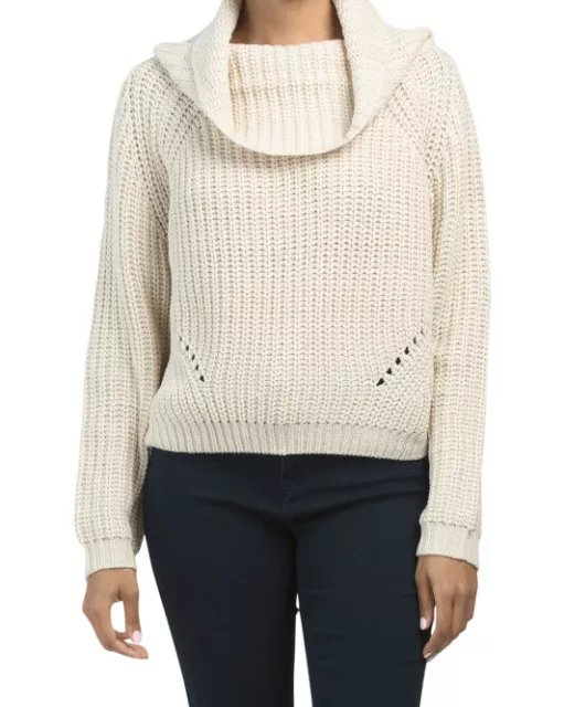 Moon and Madison womens Sweater Medium Beige Shaker Cowl Neck Cropped Pullover