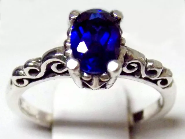 Blue Lab Sapphire Size 6 Ring 925 Sterling Silver USA Made Vintage Style Scroll