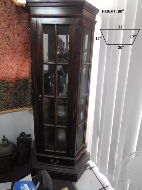 Beautiful timber and glass corner display cabinet with bottom drawer