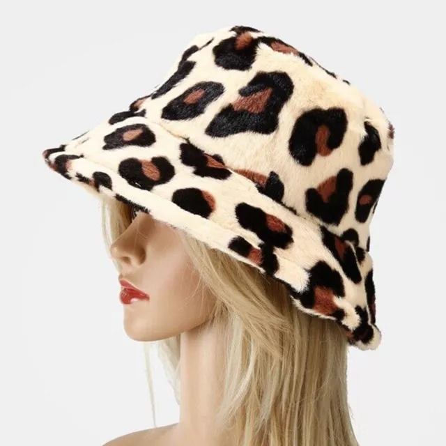 Fashion Womens Ladys Bucket Hat Winter Warm Faux Fur Leopard Print Fisherman Hat