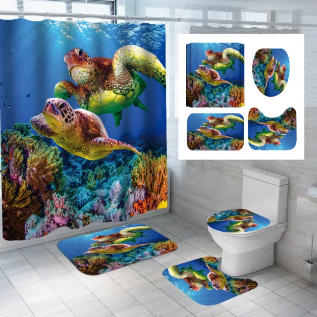 3D Sea World Turtle Shower Curtain Floor Mat Toilet Lid Cover Bathroom Rugs