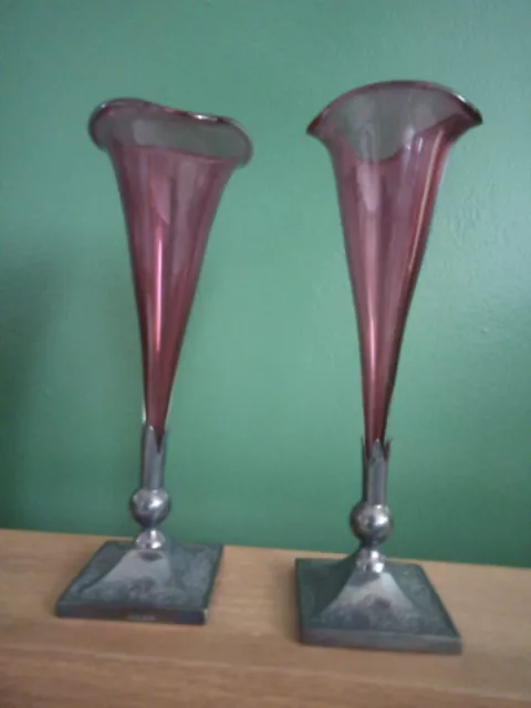 Pair Antique Art Nouveau Cranberry Glass Bud Posy Vases EPNS Silver Plated Bases