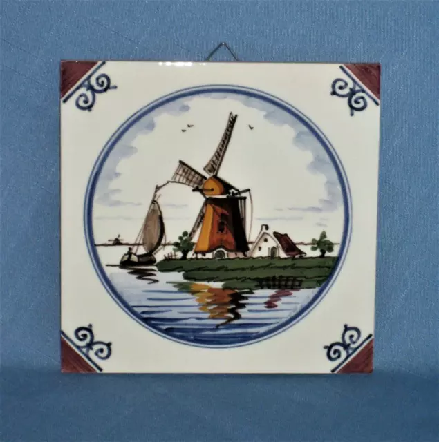 D.P. Delft Netherlands Dutch Windmill & Sailboat Ceramic Square Tile w Hanger