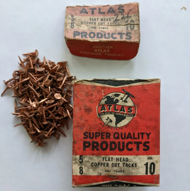 Atlas 5/8"-10  Flat Head Cut Tacks 200 VINTAGE SOLID COPPER TACKS with orig. box