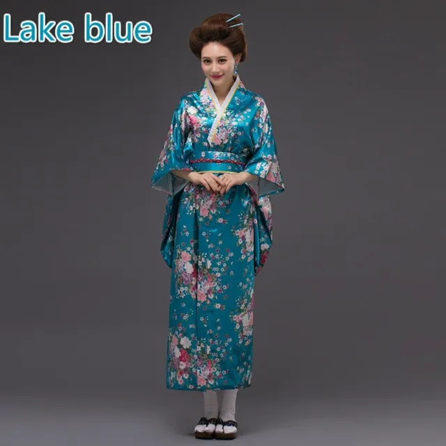 Lady Floral Japanese Kimono Satin Robe Yukata Geisha Costume Show Cosplay Soft 11