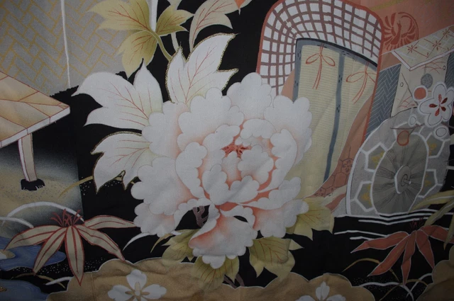 Classic! Antique Vintage Japanese Kimono Kuro furisode hikizuri Taisho Showa 17