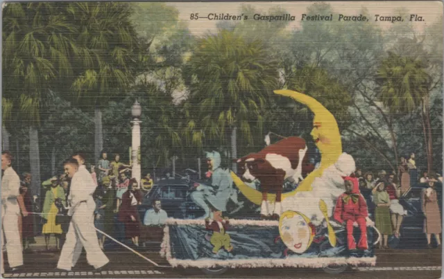 Tampa FL Gasparilla Pirate Festival Cow Jumping Moon Parade linen postcard G789