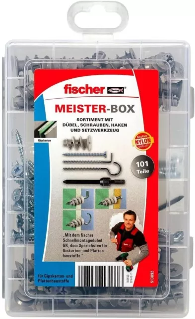 fischer MEISTER-BOX Gipskartondübel-Set 100 Teile + Schrauben + Haken + Setzwerk