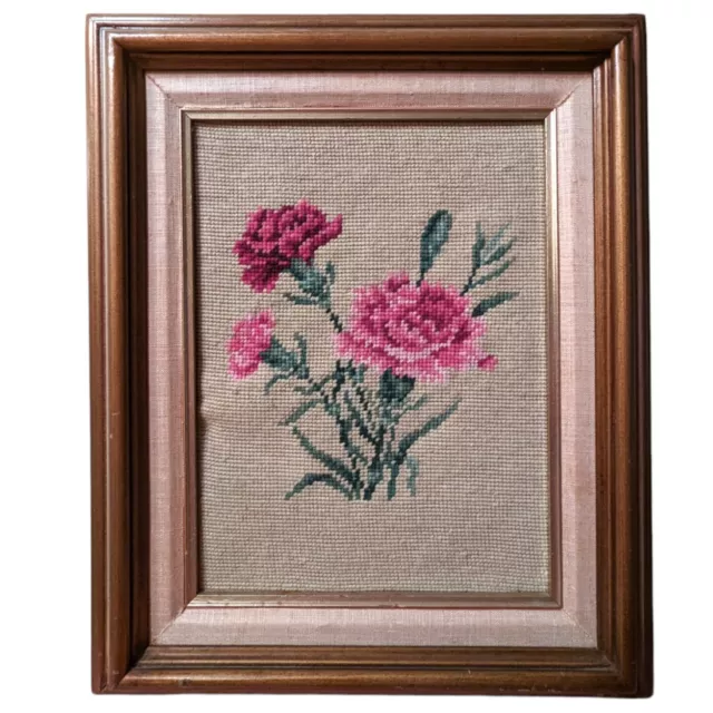 Vintage Handmade Large Framed Cross Stitch Carnations Flowers Wall Hanging EUC