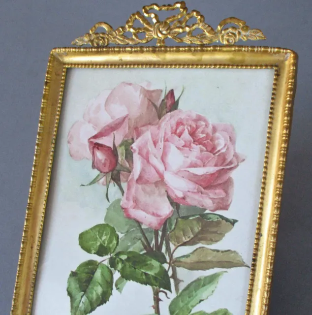 Antique Small 6" GILT Brass Frame French BOW Roses w Easel PINK ROSES De Longpre