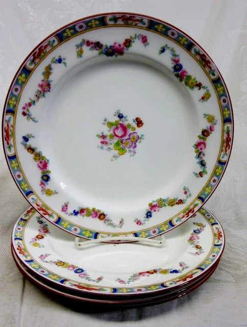 4 MINTON ROSE Floral LUNCHEON PLATES w Red Trim  9"     Set # 2  VGC  by MINTONS