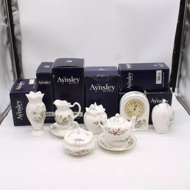 AYNSLEY WILD TUDOR SET Fine Bone China Bundle of 7 Boxes, Clock Vase Tea for One