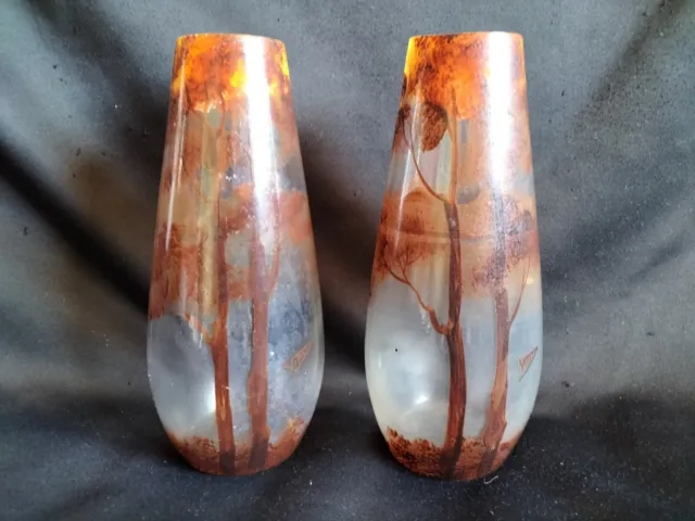 Vitry / Paire de vases en verre à décor peint lac & arbres / Art Nouveau Legras