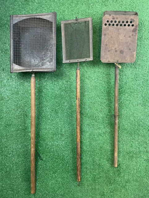 3 Vintage POPCORN POPPER Open Camp Fire Wire Mesh With Wood Handle Camping