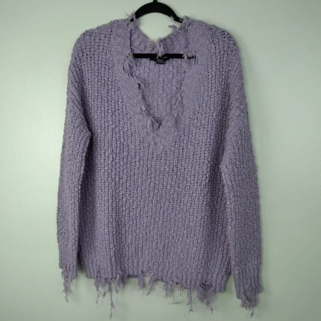 Forever 21 Sweater Women's Medium Oversized Lavender Ripped Hems V-neck Pullover