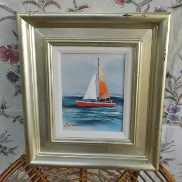 Ornate Heavy Silver Framed 8 X 10 Nautical Sailboat Original Painting On Canvas