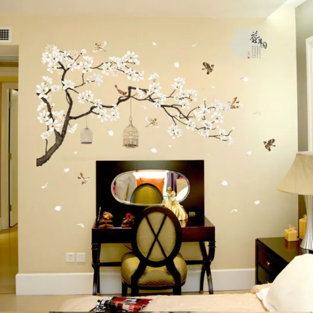 Large White Blossom Wall Stickers  Decor Blossom Birds Tree Branch Mural Decals