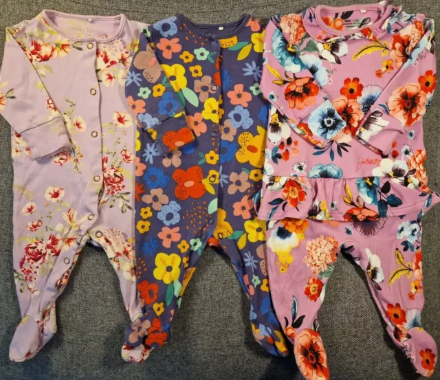 Next Baby girls Sleepsuit bundle 0-3 months floral babygrow purple blue (601)