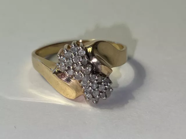 10K Gold Vintage Pave Diamond Ring, Size 9, Swirl Bypass Setting