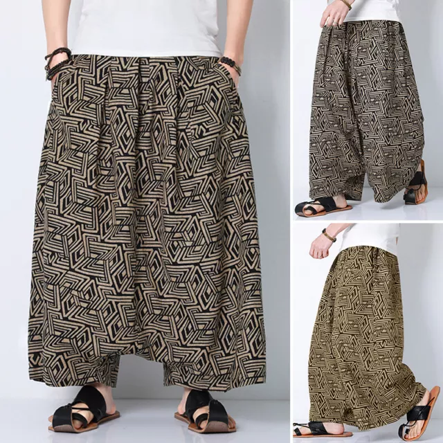 Summer Mens Floral Printed Harem Pants Casual Baggy Trousers Culottes Plus S-5XL