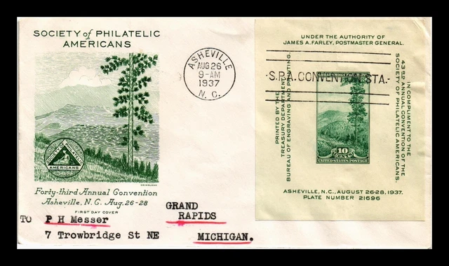 Us Cover Spa Convention Asheville Souvenir Sheet Fdc Scott 797 Grimsland Cachet