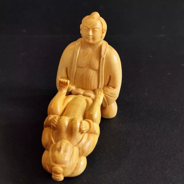 X4703 - 2 " Hand Carved Boxwood Netsuke Figurine Carving - Oriental Couple Love