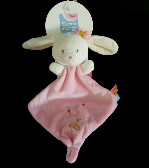 * Doudou Plat Sucre D'orge Doumou Lapin Rose Blanc Jaune Noeud Papillon Neuf