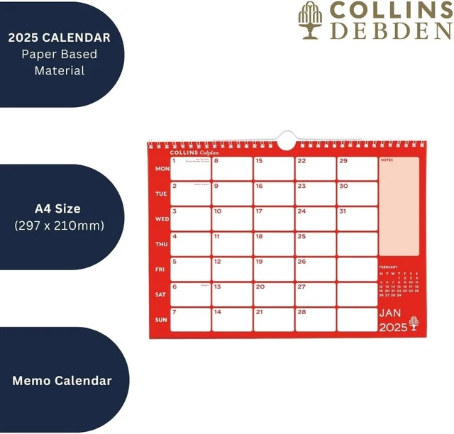 UK COLPLAN 2025 - A4 Wiro Monthly Memo Calendar (CMCA4-25) - Large £11.