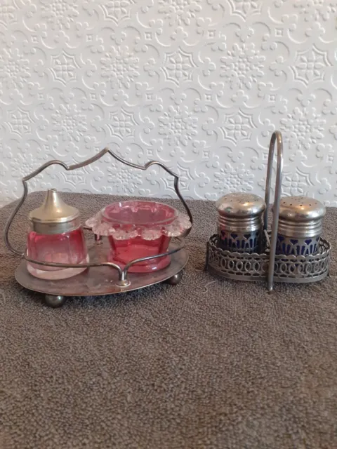 antique vintage salt & pepper pots cranbury pot silver? 1800s blue glass JOBLOT