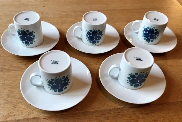 Set Of 5 x Thomas Germany Porcelain Coffee Cups & Saucers Blue Pinwheel Design