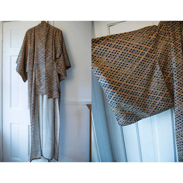 VTG Kimono with geometric print traditional Japanese Size L FLAWS