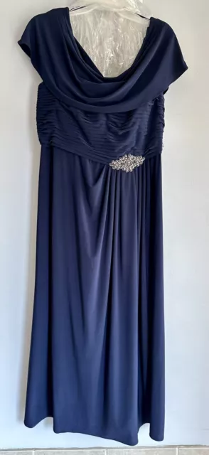 ALEX EVENINGS Womens Embellished Short Sleeve Cowl Neck Navy Formal Dress 14W