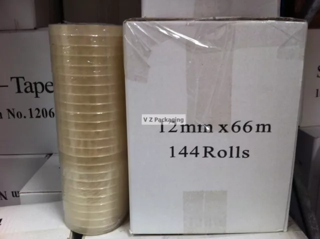 144x rolls / box - 12mm x 66m - Sticky Stationary Desk Dispenser Clear Tape