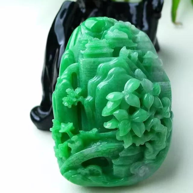 Amazing 3D Hand-carved Emerald Green Jadeite Jade Landscape Pendant《Grade A》0808