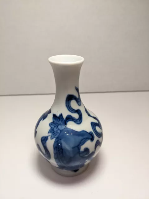 Vintage Small Vase Ceramic Miniature Blue & White Chinese Hand Painted Dragon