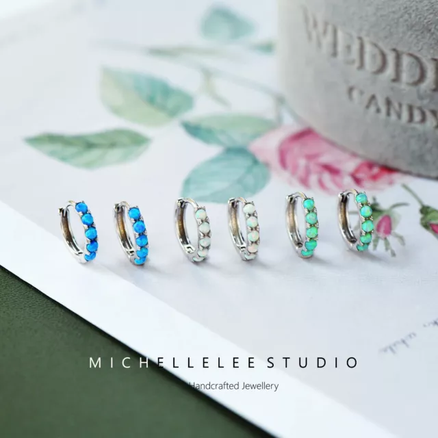 White and Blue Opal Sterling Silver Hoop Earrings, Lab Opal Huggie Hoop Earring