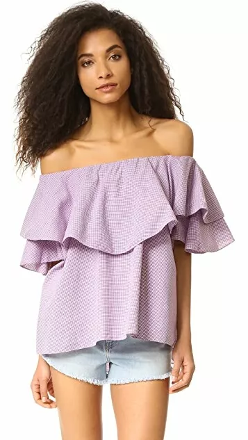 MLM Label Ruffle Top Berry Gingham Print Off The Shoulder Blouse SZ S New $150 3