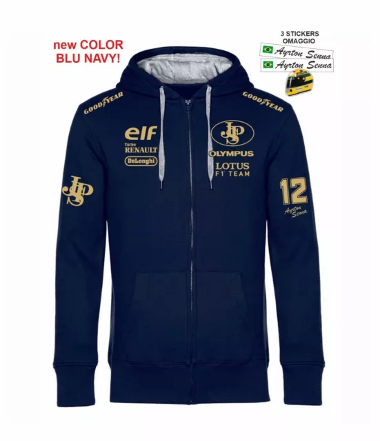 Felpa ZIP BLU NAVY Cappuccio LOTUS Ayrton Racing Team replica corse GP+ stickers