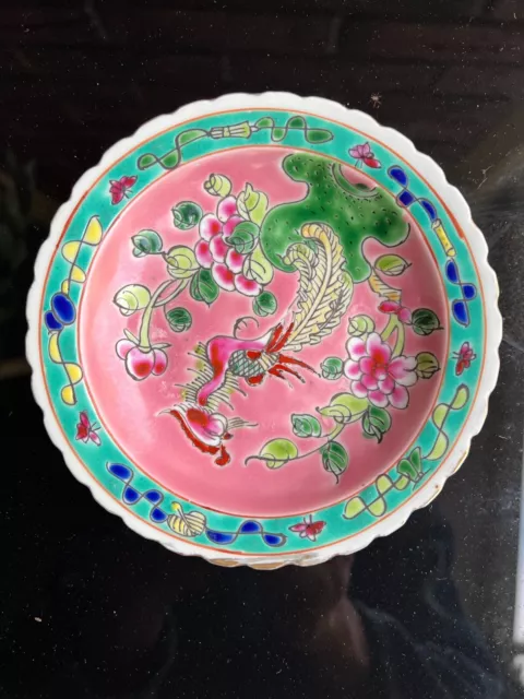 Chinese famille rose porcelain small plate handpainting phoenix in flower