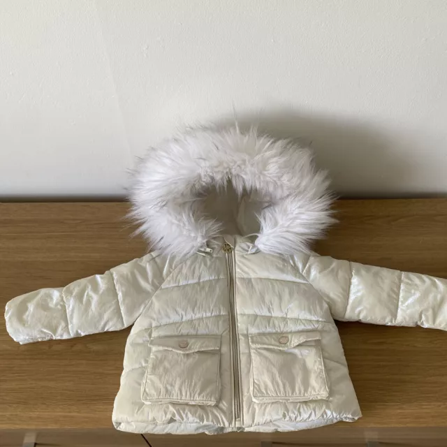 MICHAEL KORS Baby Girl Pearlescent Puffer Coat Fur Trim Hood 18 Months