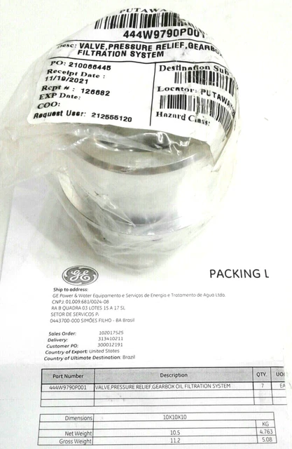 GE Wind Logistics 444W9790P001 Valve Pressure Relief Gearbox Oil Filtration Sys.